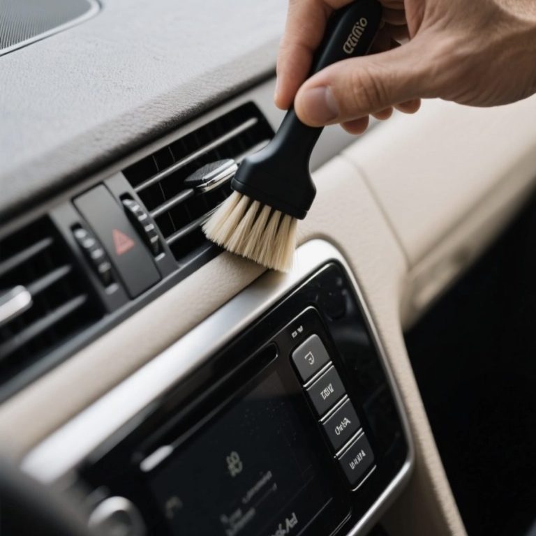 lavage de voiture pro Un main nettoie les aérateurs d'une voiture avec une brosse.